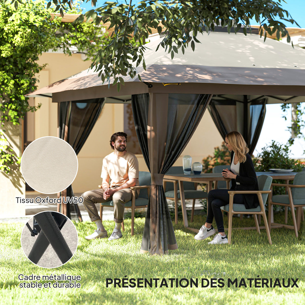 Tonnelle barnum de jardin pop-up pliant double toit protection UV 50+ avec 4 moustiquaires zippées 4 x 4 m beige-7