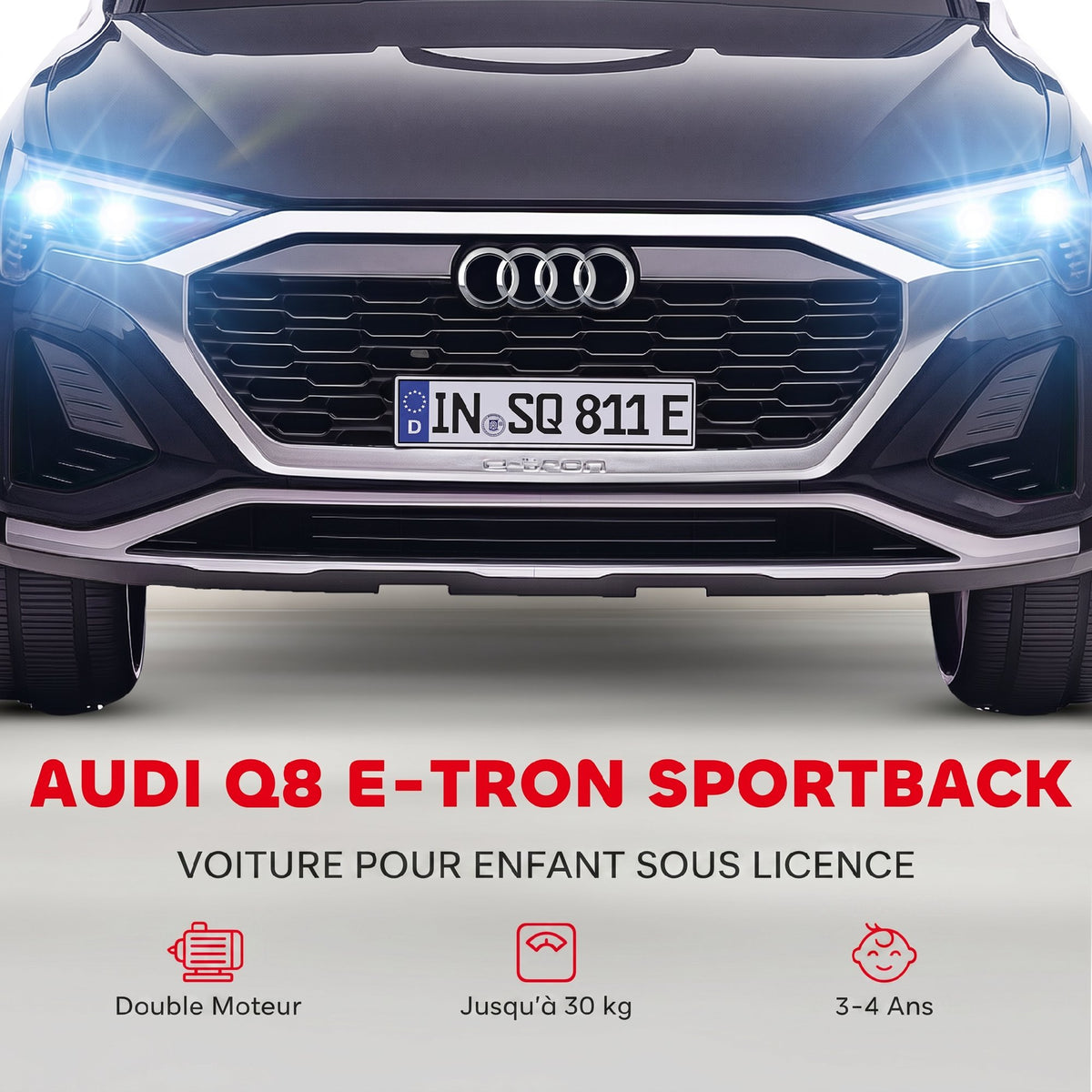 Voiture électrique pour enfants Licence Audi Q8 e-tron Sportback 12V télécommande, phares, musique, klaxon, 3-4 ans noir-3
