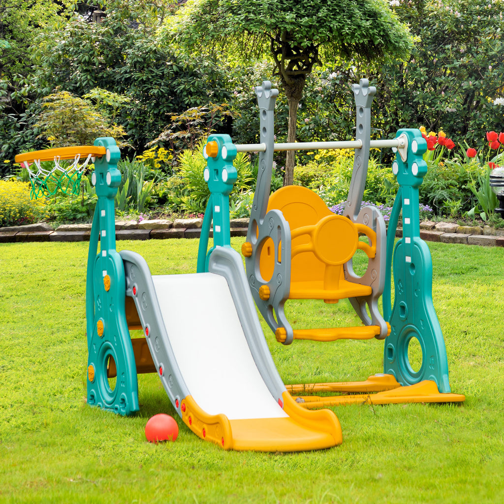Toboggan et balançoire pour enfants 4 en 1 avec panier de basket, siège réglable, 152x149x107cm, bleu et jaune-9