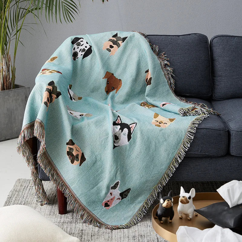 GY4023 Cute Dog Print Throw Blanket Multifunction Knitted Universal Blanket Non-slip Slipcover Cobertor for Sofa Bed Travel