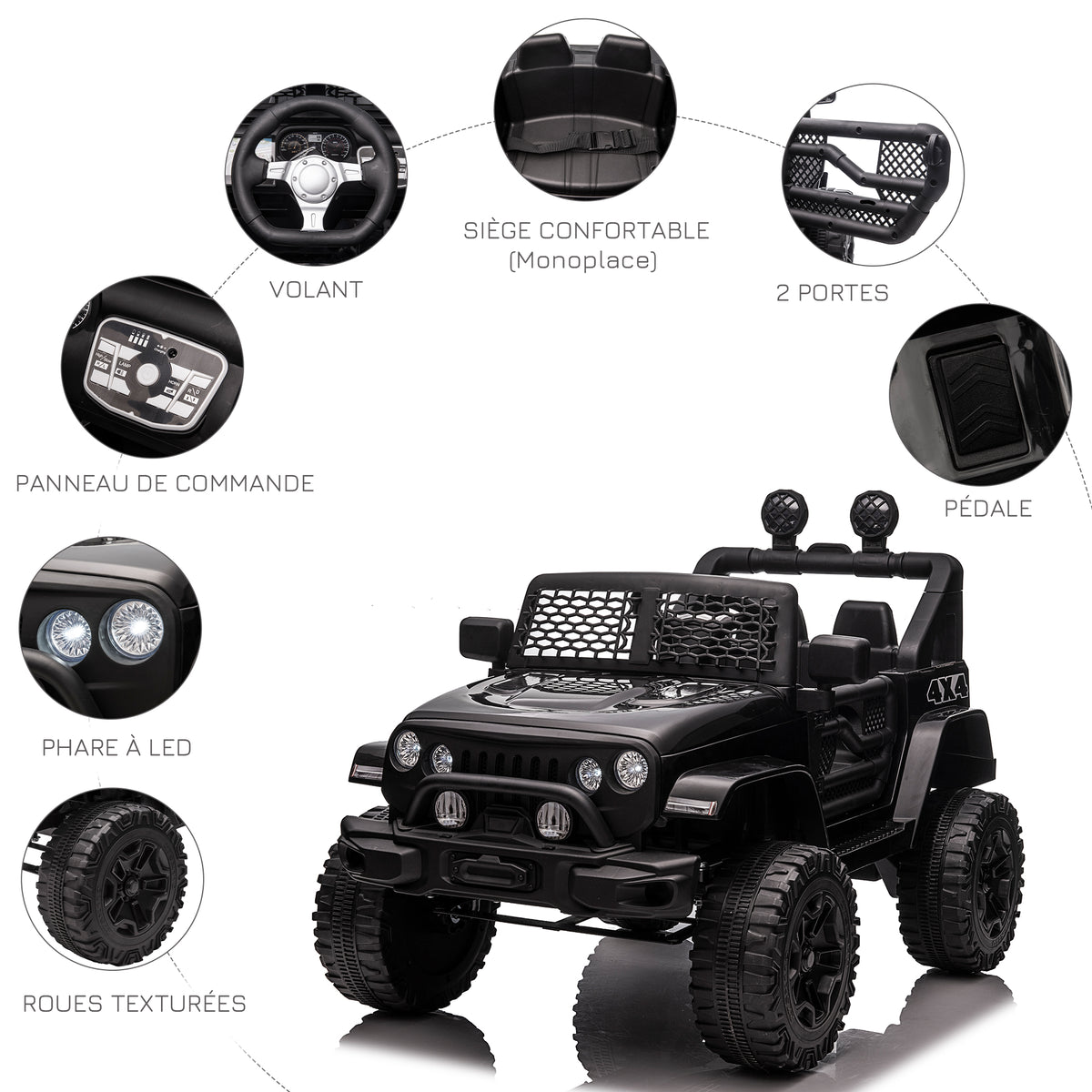 Voiture électrique pour enfants 12V avec télécommande, suspension à 4 roues, phares et klaxon, MP3, vitesse 3-5 km/h, pour 3-6 ans - noir-6
