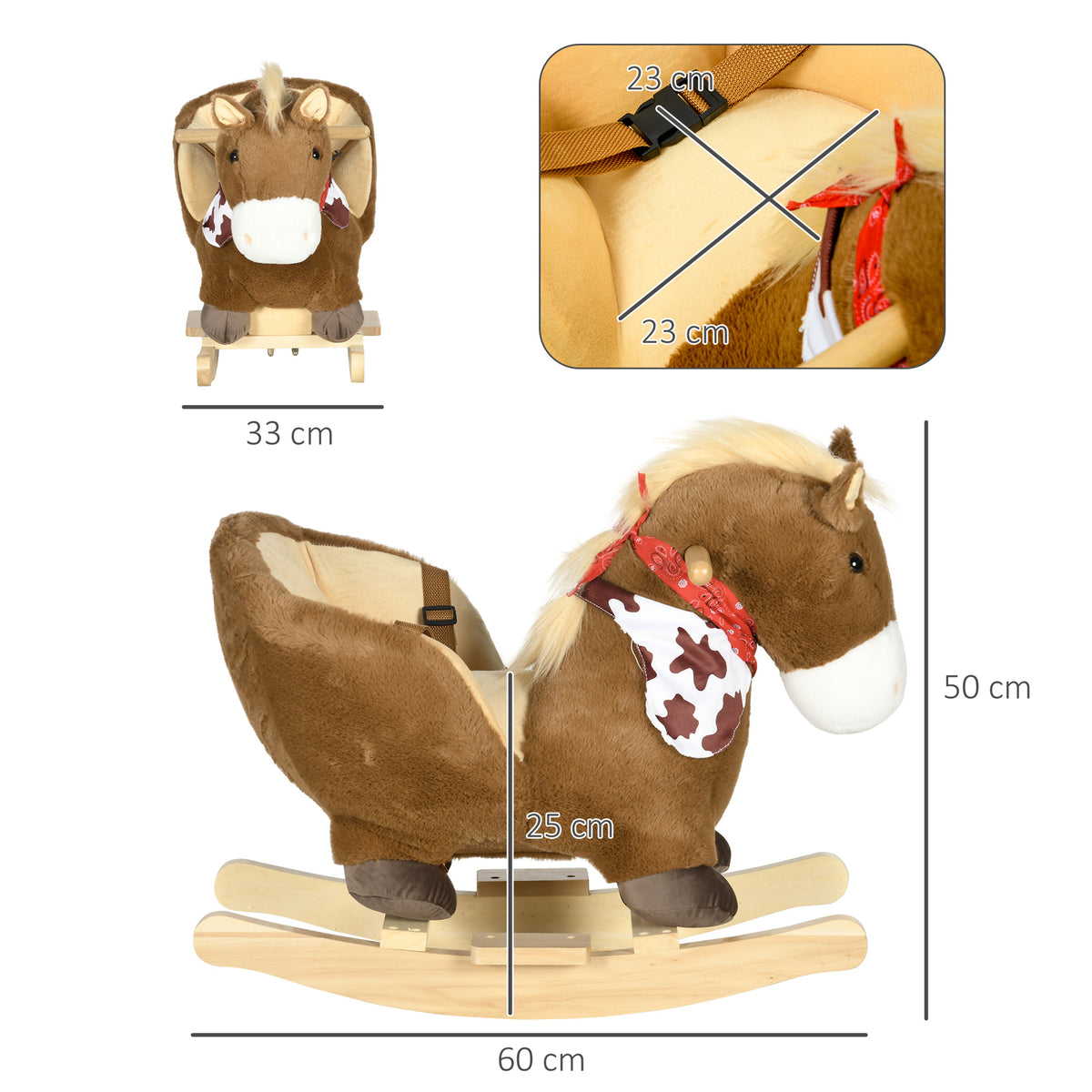 Cheval à bascule jouet à bascule fauteuil intégré ceinture de sécurité fonction sonore hennissement 18-36 mois marron-2