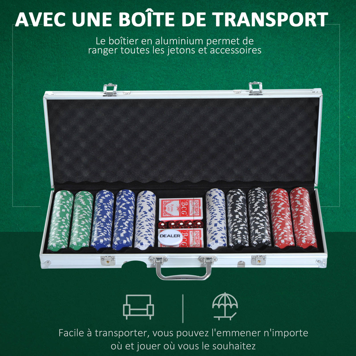 Mallette de Poker Coffret de Poker Complet avec 500 jetons 2 Jeux de Cartes + 5 dés Bouton Dealer 2 clés alu.-4