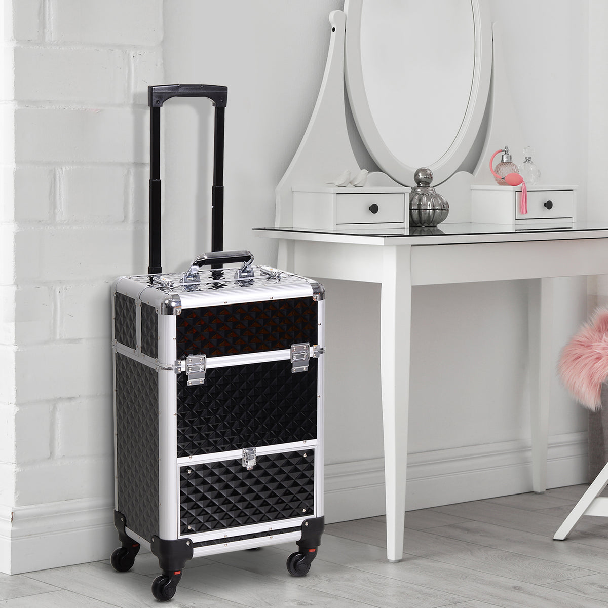 Valise trolley maquillage mallette cosmétique vanity poignée télescopique réglable 34L x 25l x 62H cm alu. noir-1