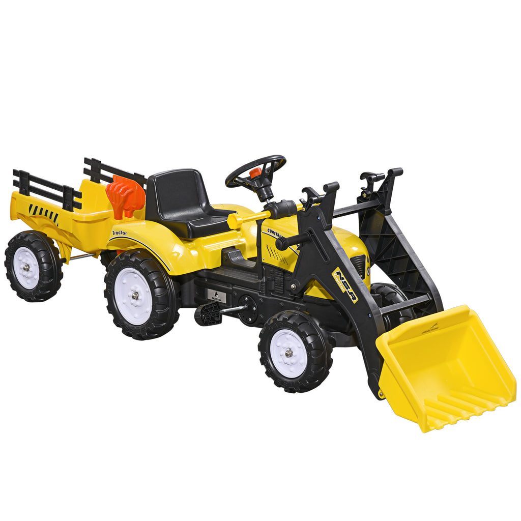 Tracteur à pédales tractopelle avec remorque Pelle et râteau Jeu de Plein air Enfants à partir de 3 Ans Jaune Noir-0
