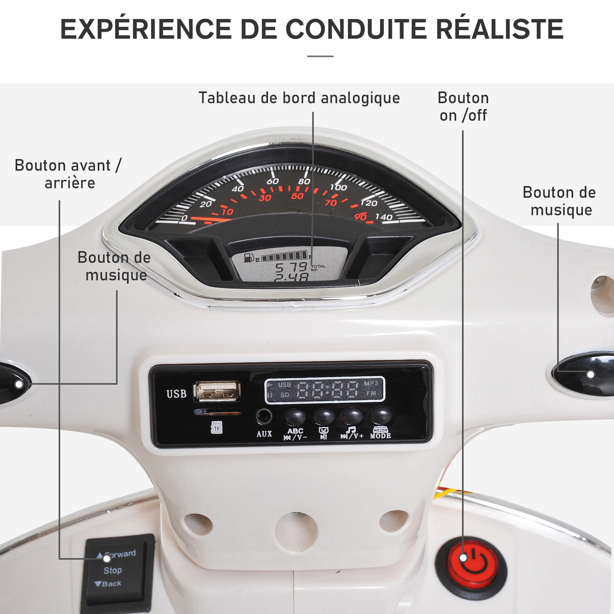 Vespa Scooter Moto électrique Enfants 6 V dim. 102L x 51l x 76H cm Musique MP3 Port USB klaxon Phare feu AR Blanc-5