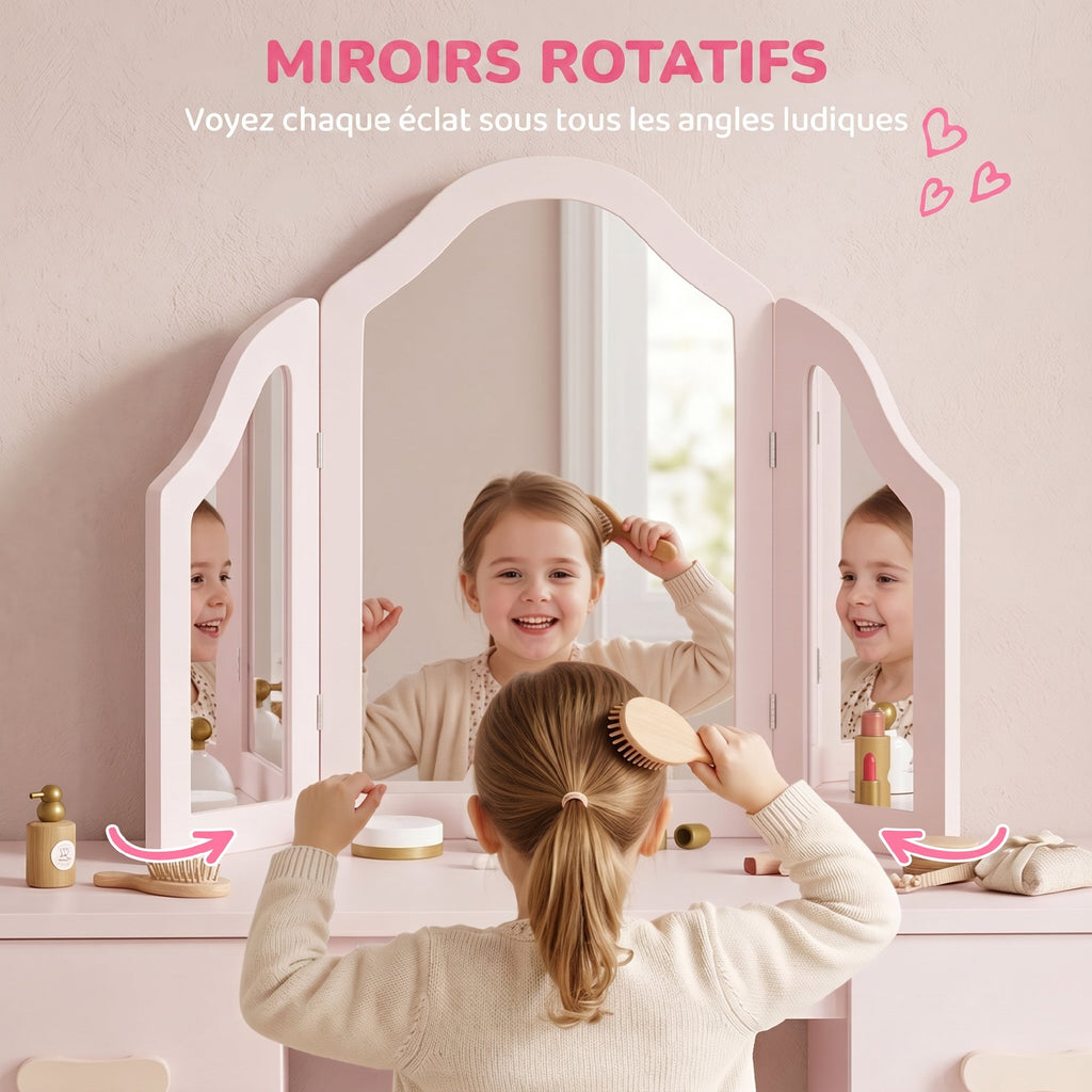 Coiffeuse pour Enfants avec Tabouret et Miroir à Trois Volets en Acrylique, 2 Tiroirs et 2 Placards, Rose-5