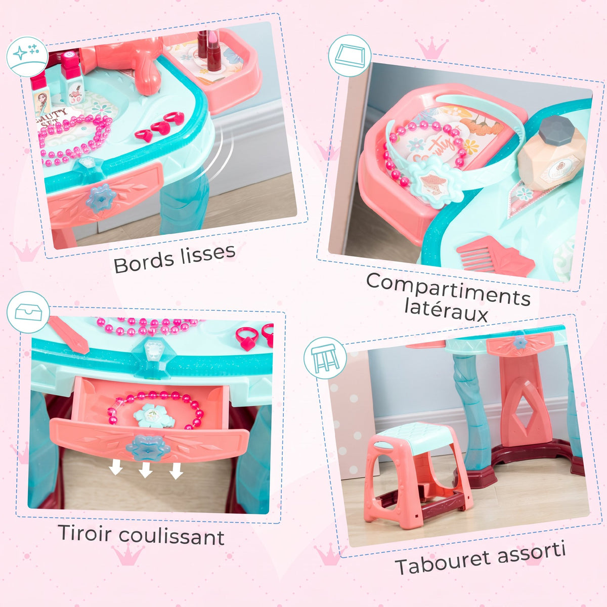 Coiffeuse Enfant Fille avec Miroir Magique, Musique, Plateaux, Tiroir et Accessoires, 3-6 Ans, 57x34x76cm, Multicolore-5