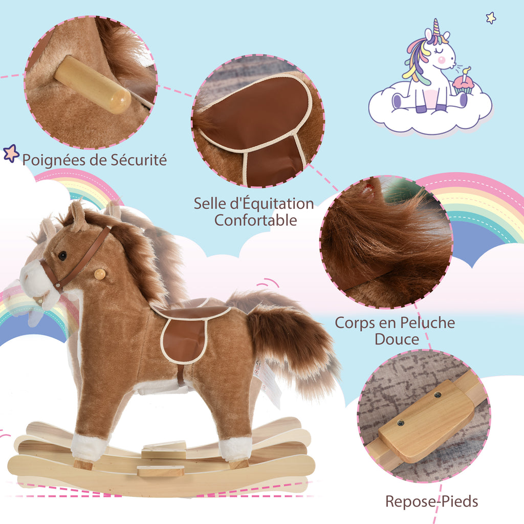 Cheval à Bascule Selle Grand Confort Peluche Courte Douce Bois peuplier Brun dim. 65L x 32,5l x 61H cm-4