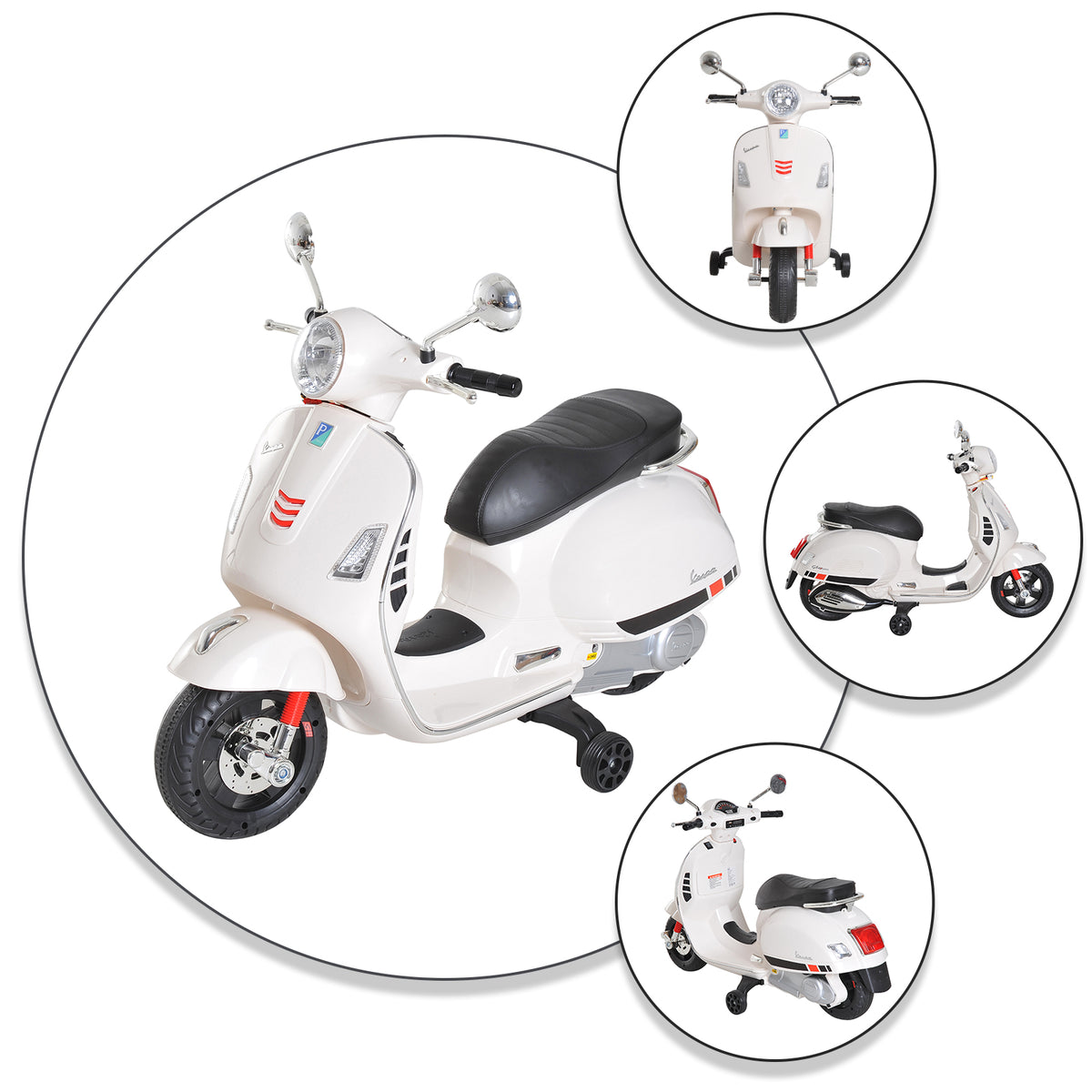 Vespa Scooter Moto électrique Enfants 6 V dim. 102L x 51l x 76H cm Musique MP3 Port USB klaxon Phare feu AR Blanc-7