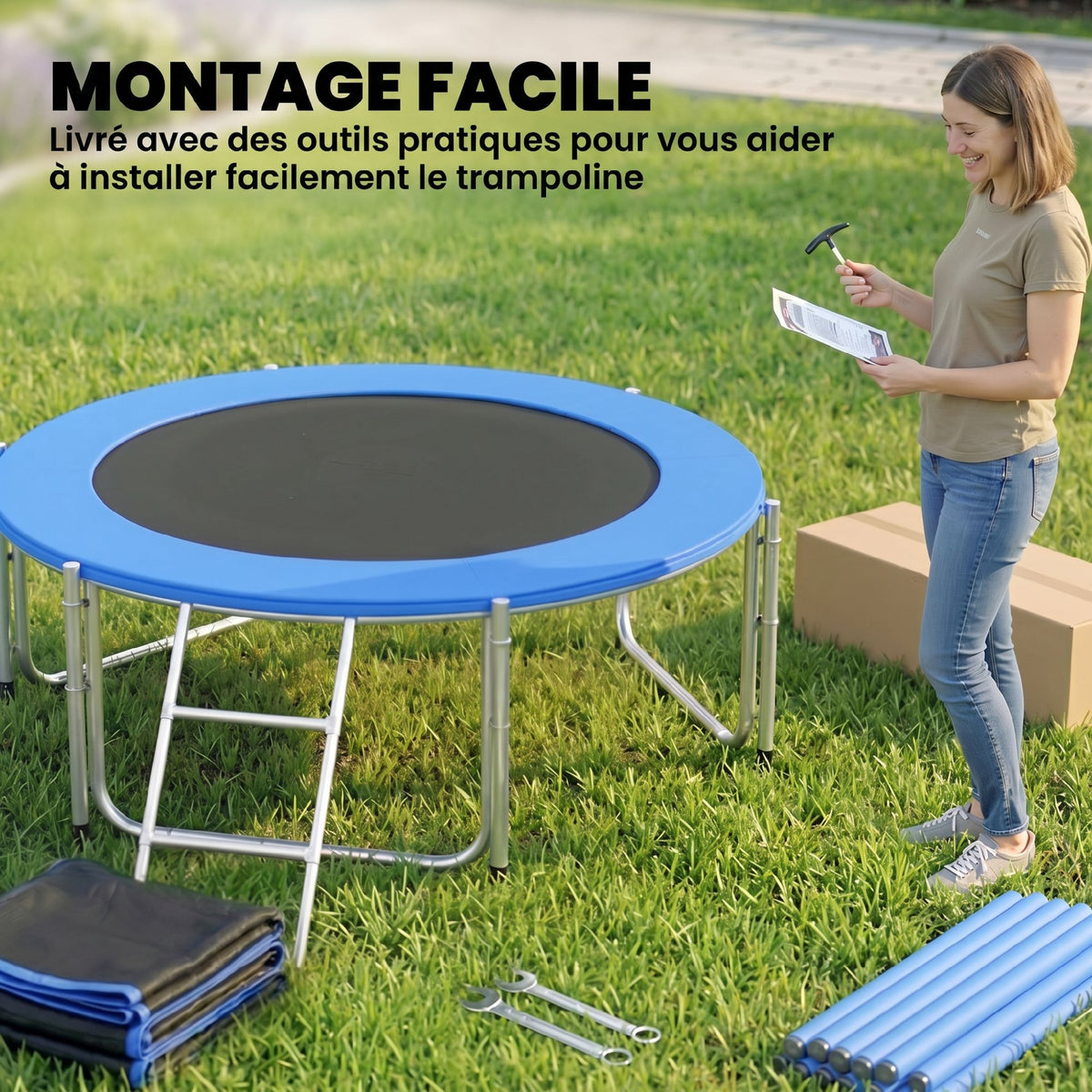 Trampoline Extérieur Trampoline de Jardin Enfants et Adultes 6 Poteaux au Sol  Charge 80kg 36 Ressorts Ø183cm Bleu-7