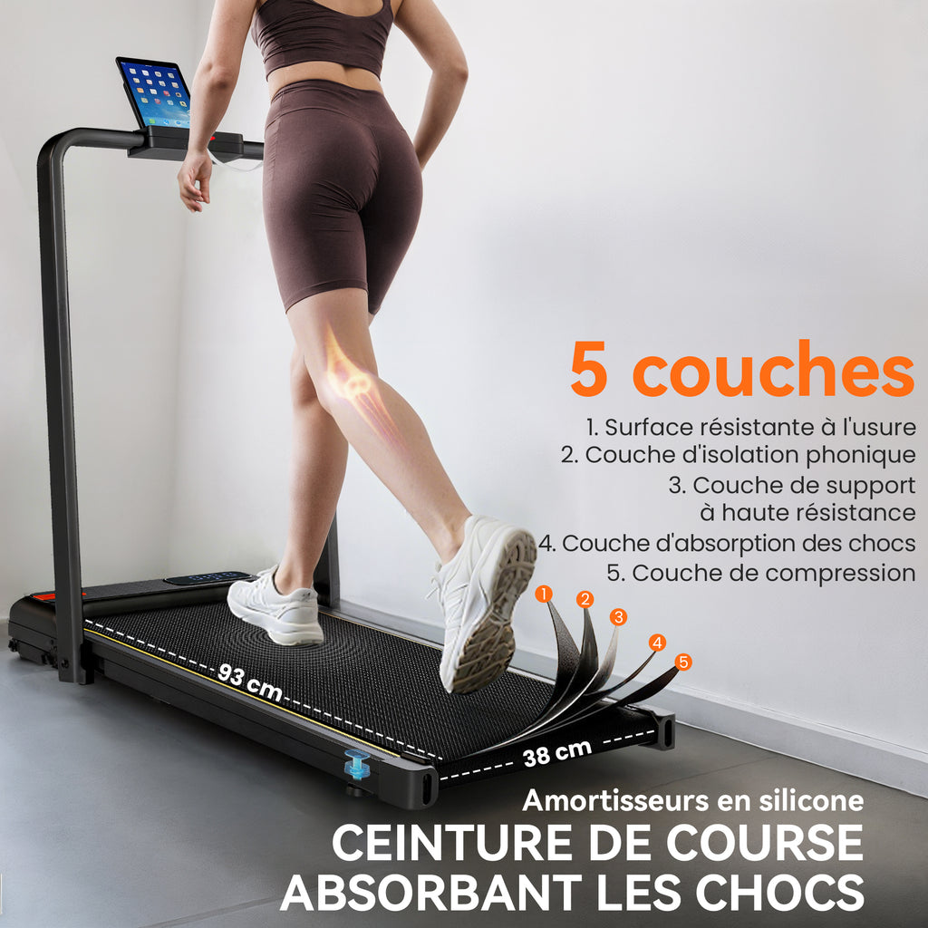 Tapis de marche 2 en 1, tapis de course pliable Inclinaison à 10% 6 KM/H, moteur 2,0 HP, télécommande 109x48x100cm noir-5