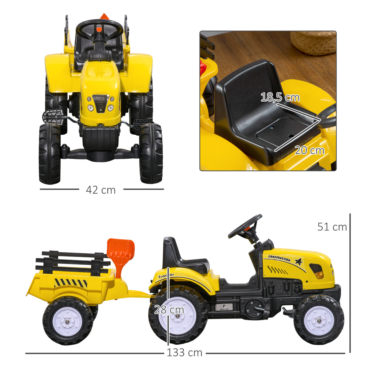 Porteur tracteur enfants avec remorque, râteau et pelle, tracteur à pédales 6 roues, charge 35 kg, pour 3+ ans, jaune-2