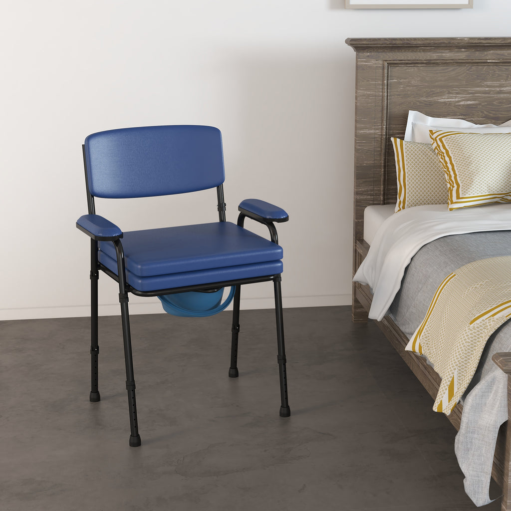 Chaise percée toilette multifonctions seau amovible hauteur réglable avec dossier siège et accoudoirs rembourrés bleu-1