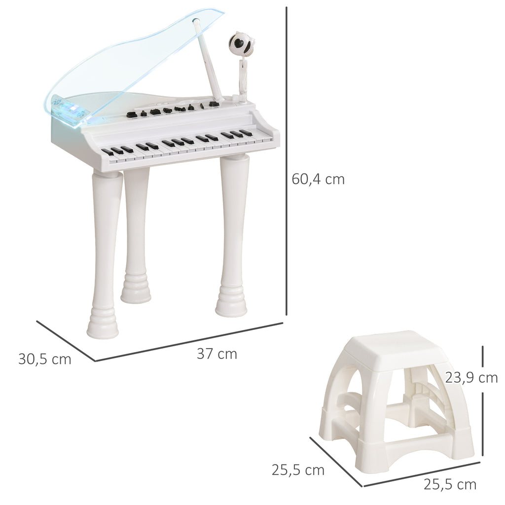 Piano enfant électronique 32 touches multifonctions avec micro haut parleur tabouret couvercle lumineux LED blanc-2