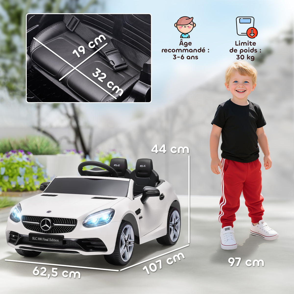 Voiture électrique enfants licence Mercedes SLC 300 12V V. Max. 5 Km/h effets sonores lumineux télécommande blanc-6