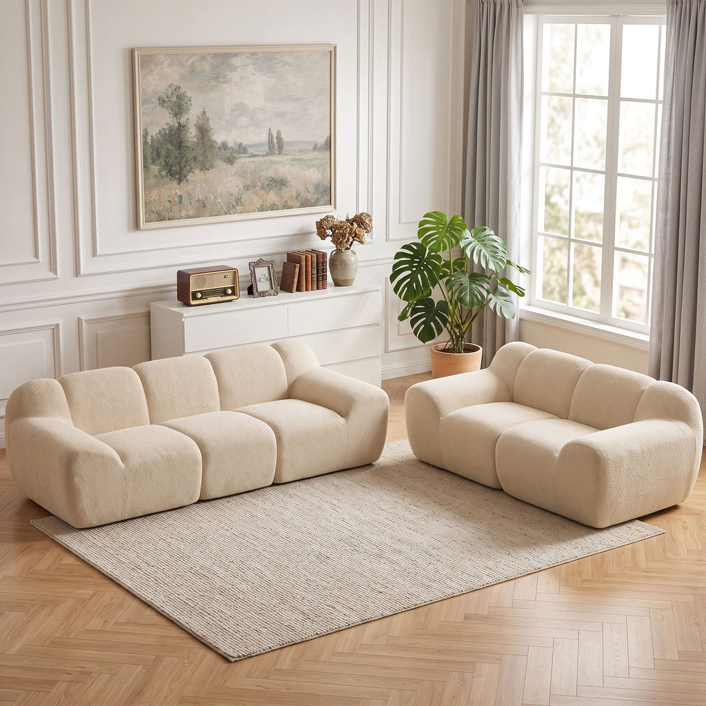 Canapé 3 Places 233 cm, Canapé Salon en Chenille Moderne avec Assise Profonde, Accoudoirs Larges, Beige-8