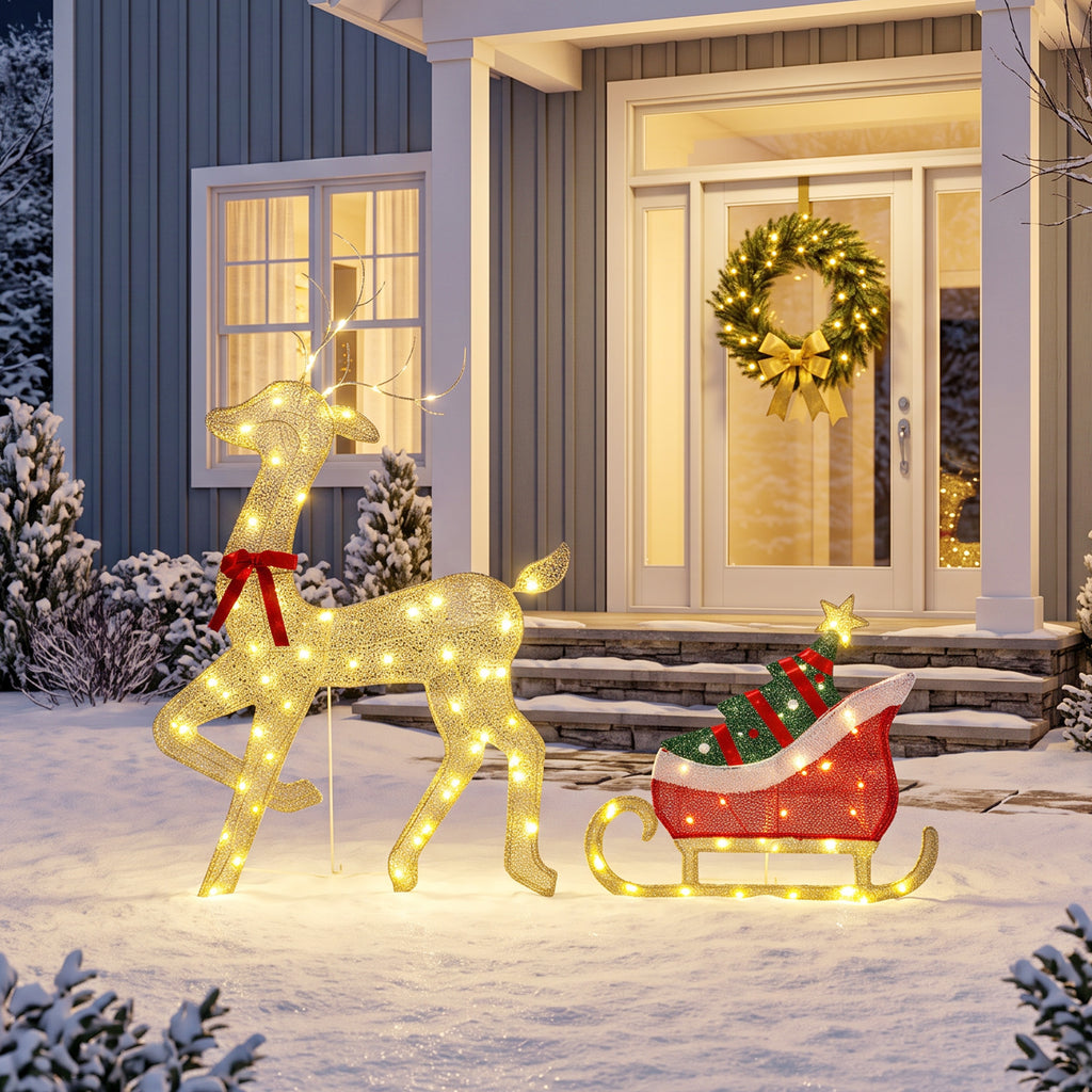 Renne et traîneau lumineux, décoration de Noël extérieure, 95 LED blanc chaud, 8 modes, minuterie quotidienne-1