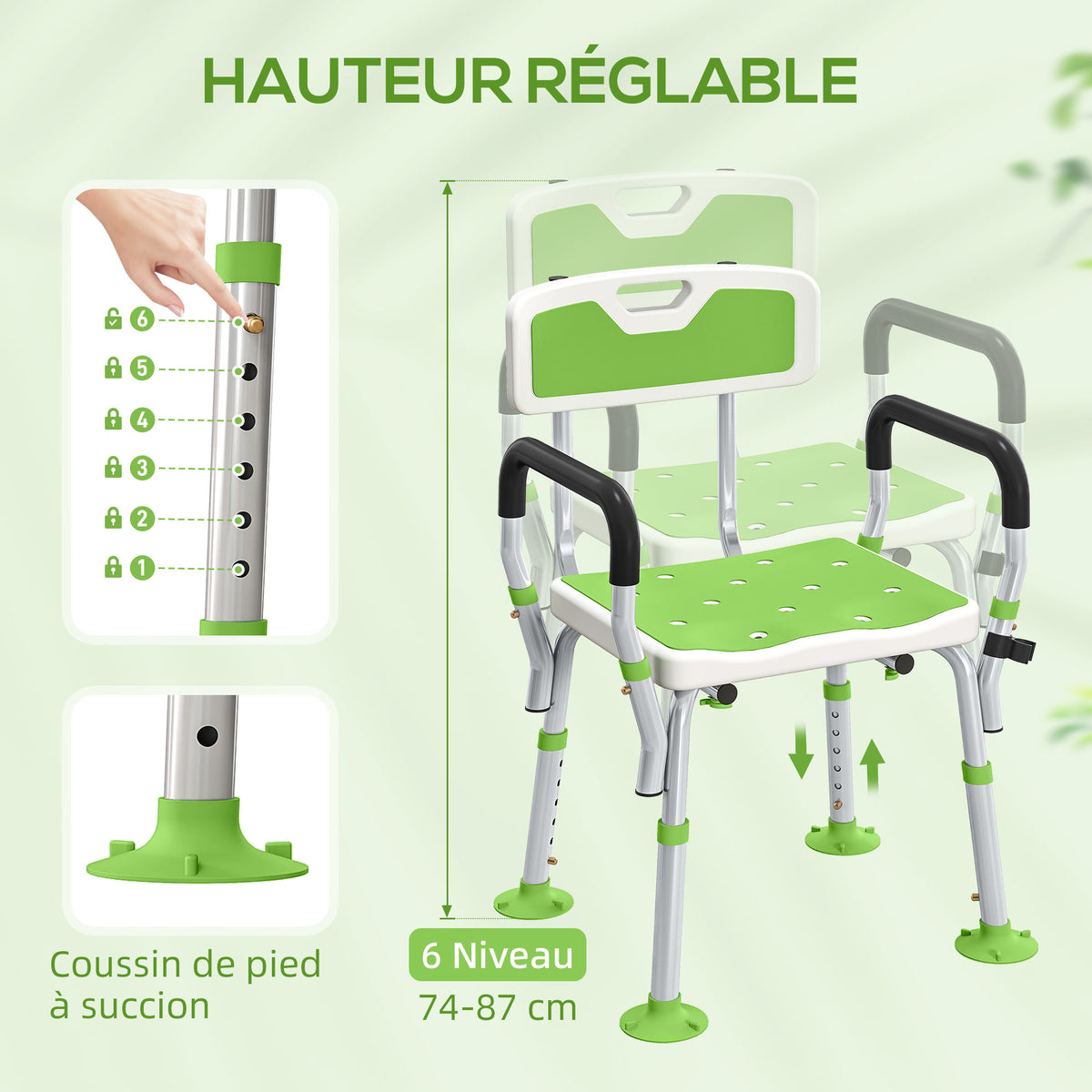 Tabouret de douche chaise de douche ergonomique hauteur réglable pieds antidérapants 56,5 x 53,5 x 87 cm blanc et vert-6
