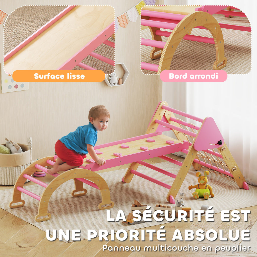 Triangle d'escalade enfants 8 en 1 avec rampe double face, arc d'escalade en bois avec toboggan & échelle, rose-4