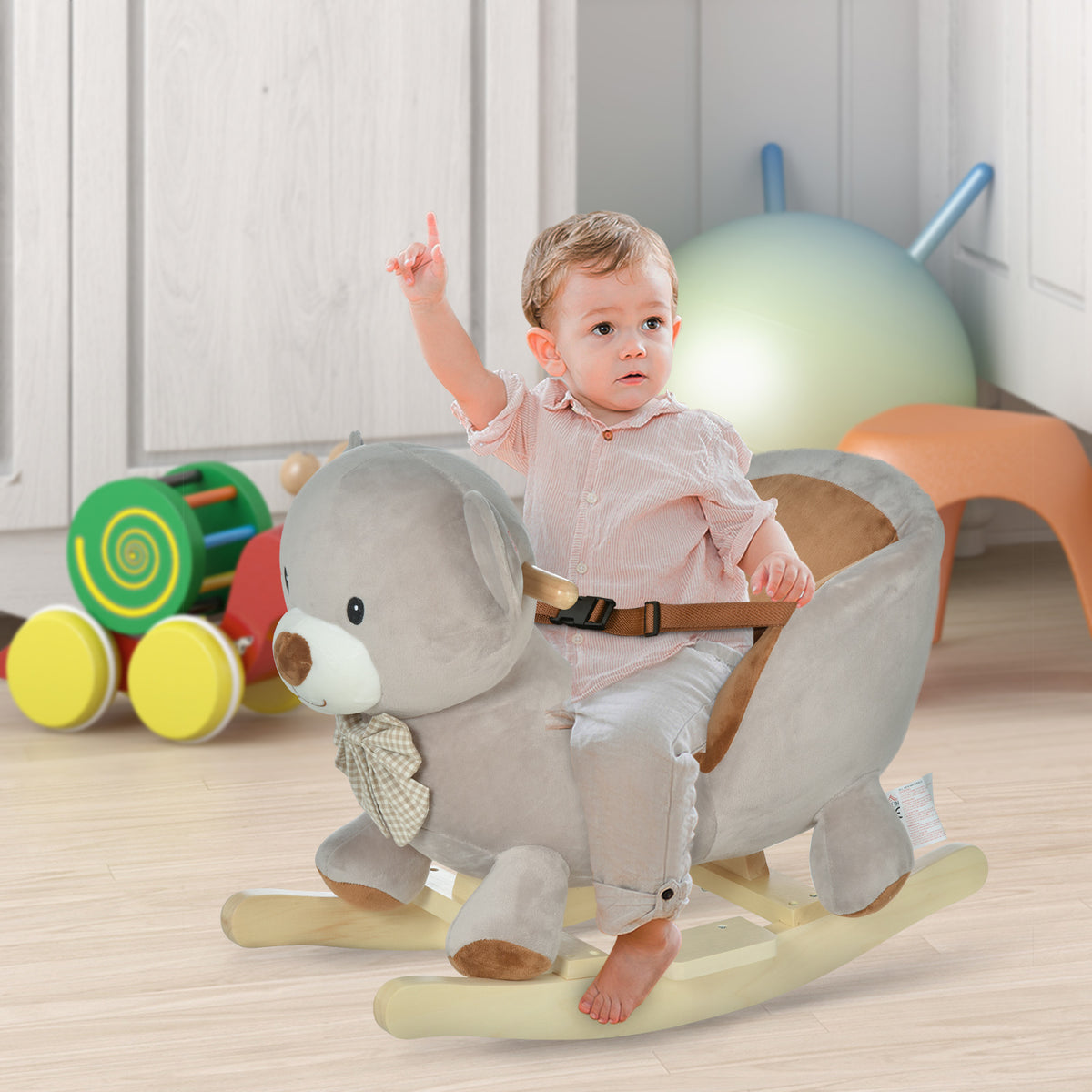 Cheval à Bascule Jouet à Bascule Ourson pour Enfants de 18-36 Mois Fauteuil intégré Ceinture de sécurité Fonction sonore grognement Gris Marron-1