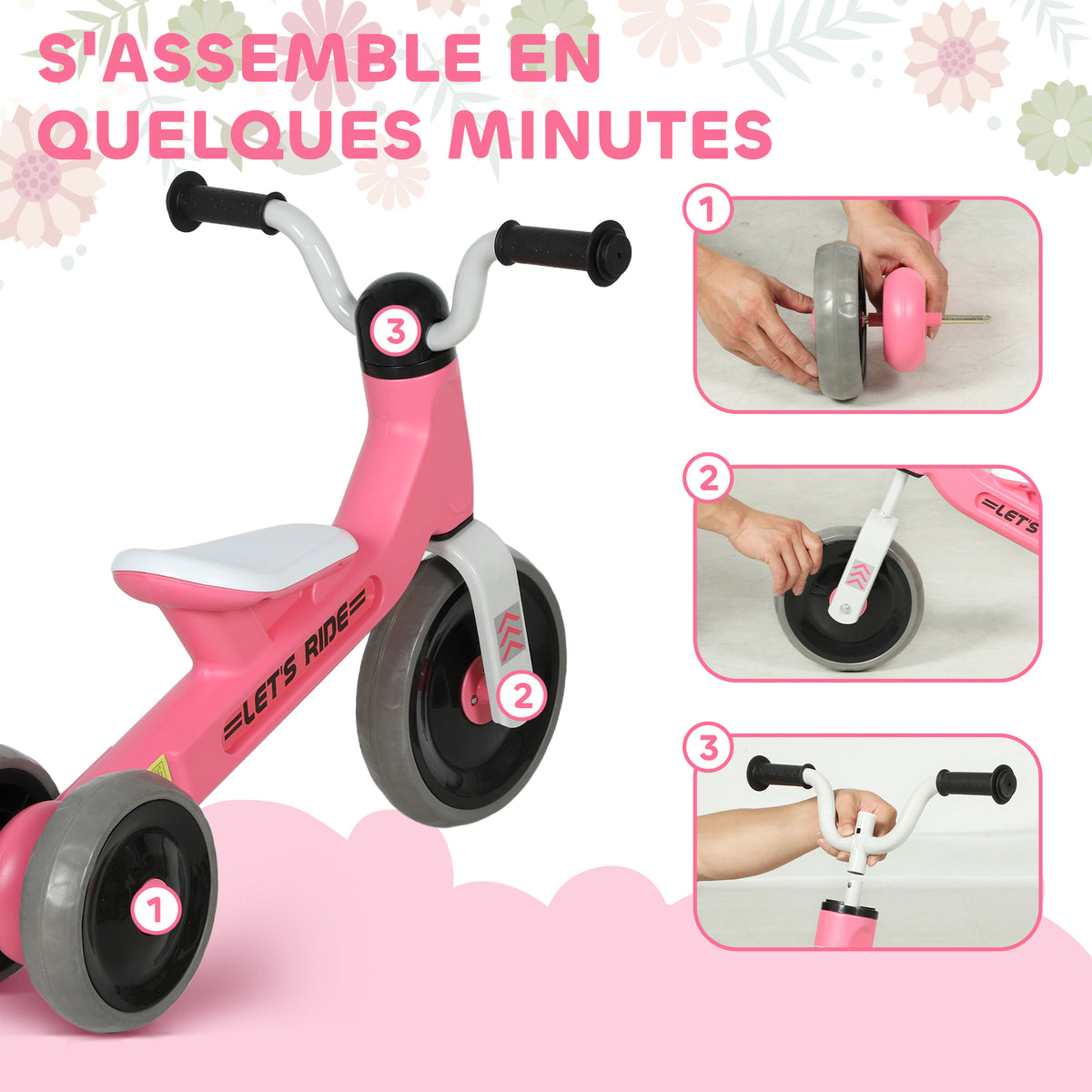 Draisienne bébé 1-3 ans jusqu'à 20 kg, vélo enfants sans pédale, 3 roues silencieuses, 69 x 40 x 49 cm, rose-7