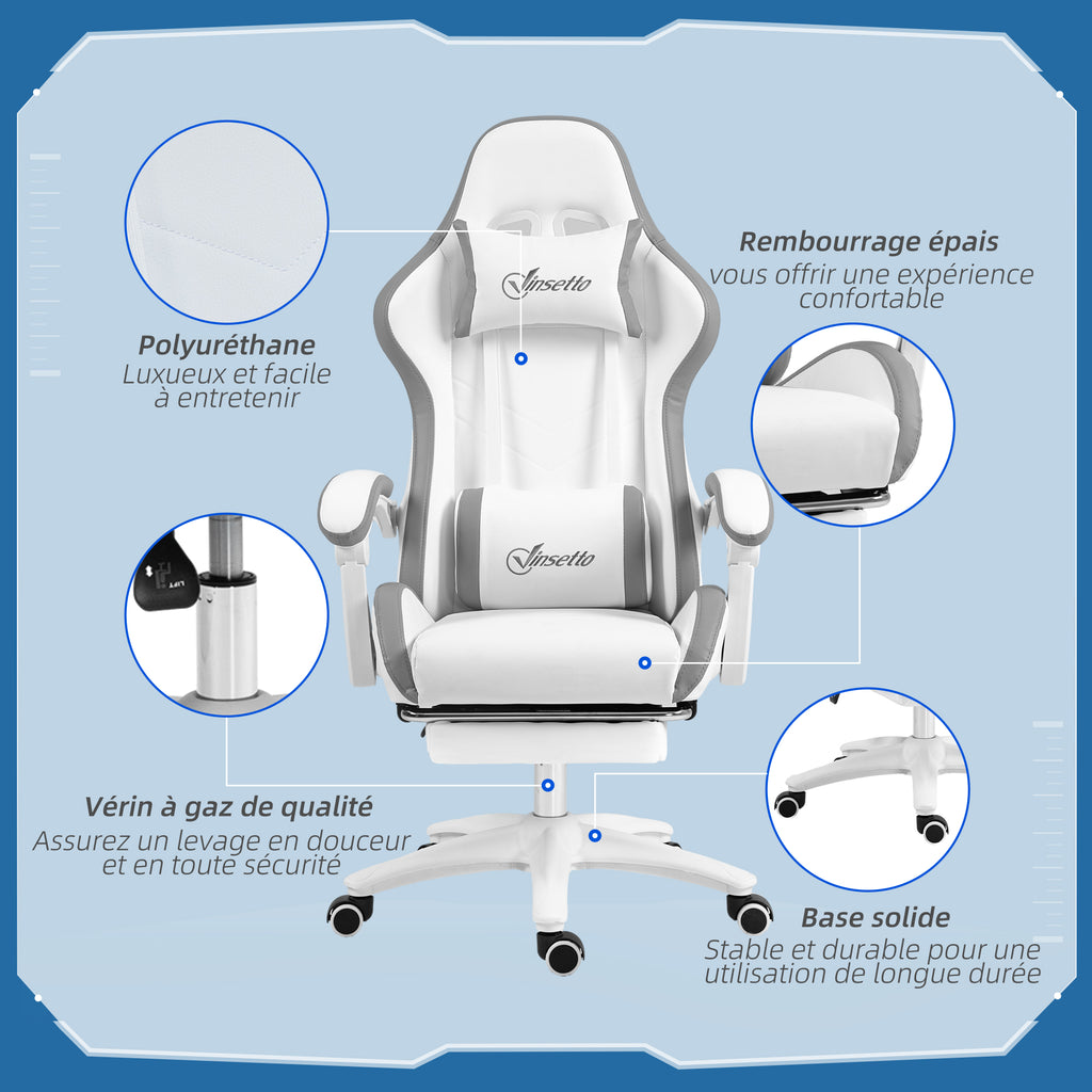 Chaise gaming fauteuil gaming ergonomique avec dossier inclinable à 135° et soutien lombaire, 65 x 65 x 121-129 cm blanc-6