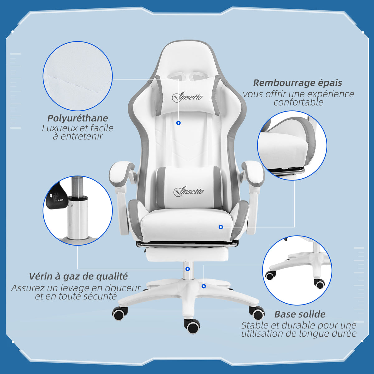 Chaise gaming fauteuil gaming ergonomique avec dossier inclinable à 135° et soutien lombaire, 65 x 65 x 121-129 cm blanc-6