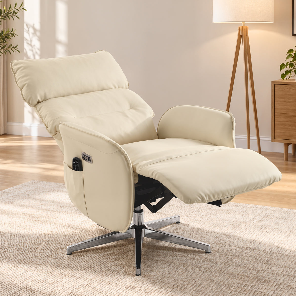 Fauteuil Relax Électrique Pivotant Massant et Chauffant Fauteuil Inclinable en PU Hauteur Réglable Double Moteur Crème-9
