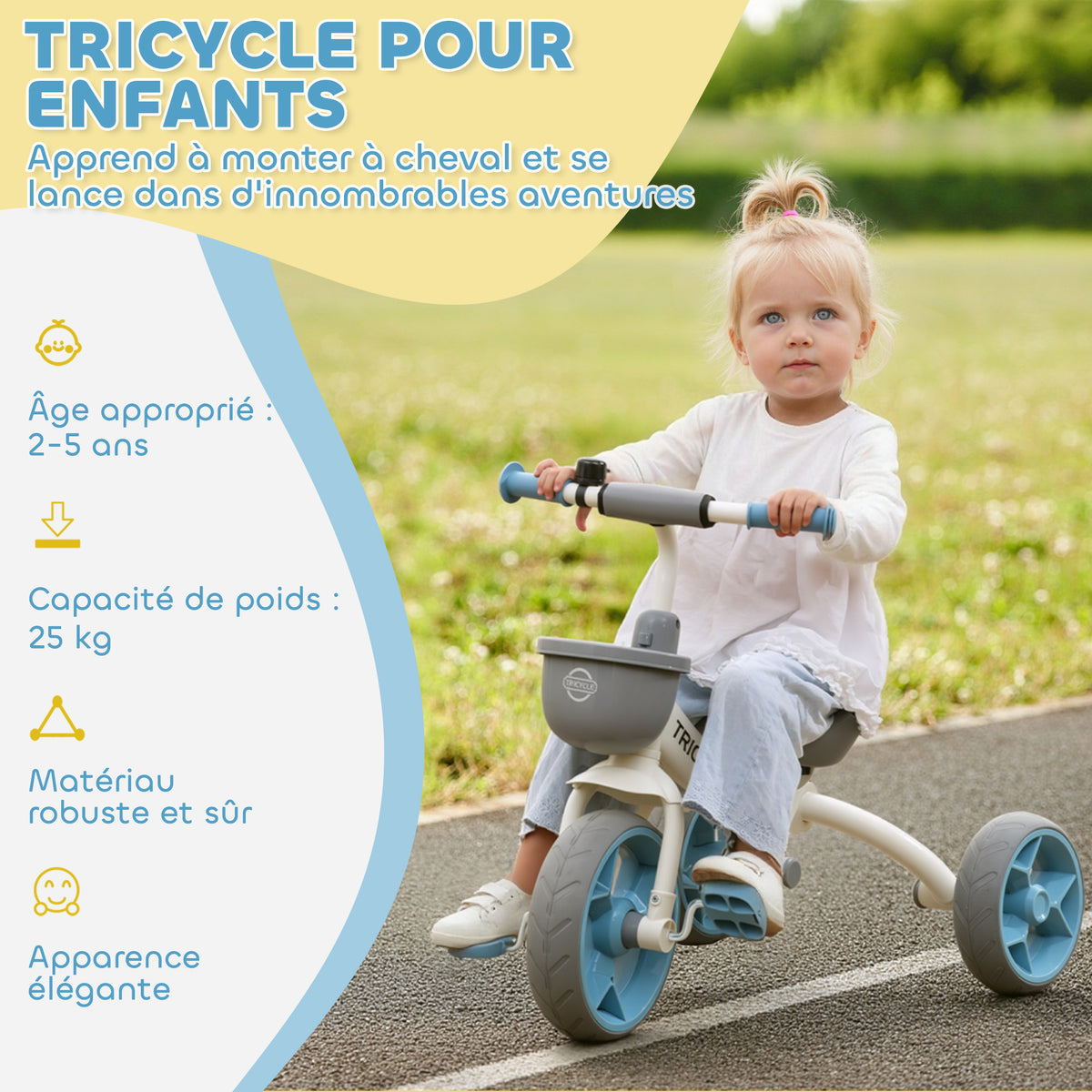 Tricycle enfant évolutif, tricycle pour enfants de 2 à 5 ans avec panier avant et roues EVA, 72 x 52 x 61 cm, bleu-3