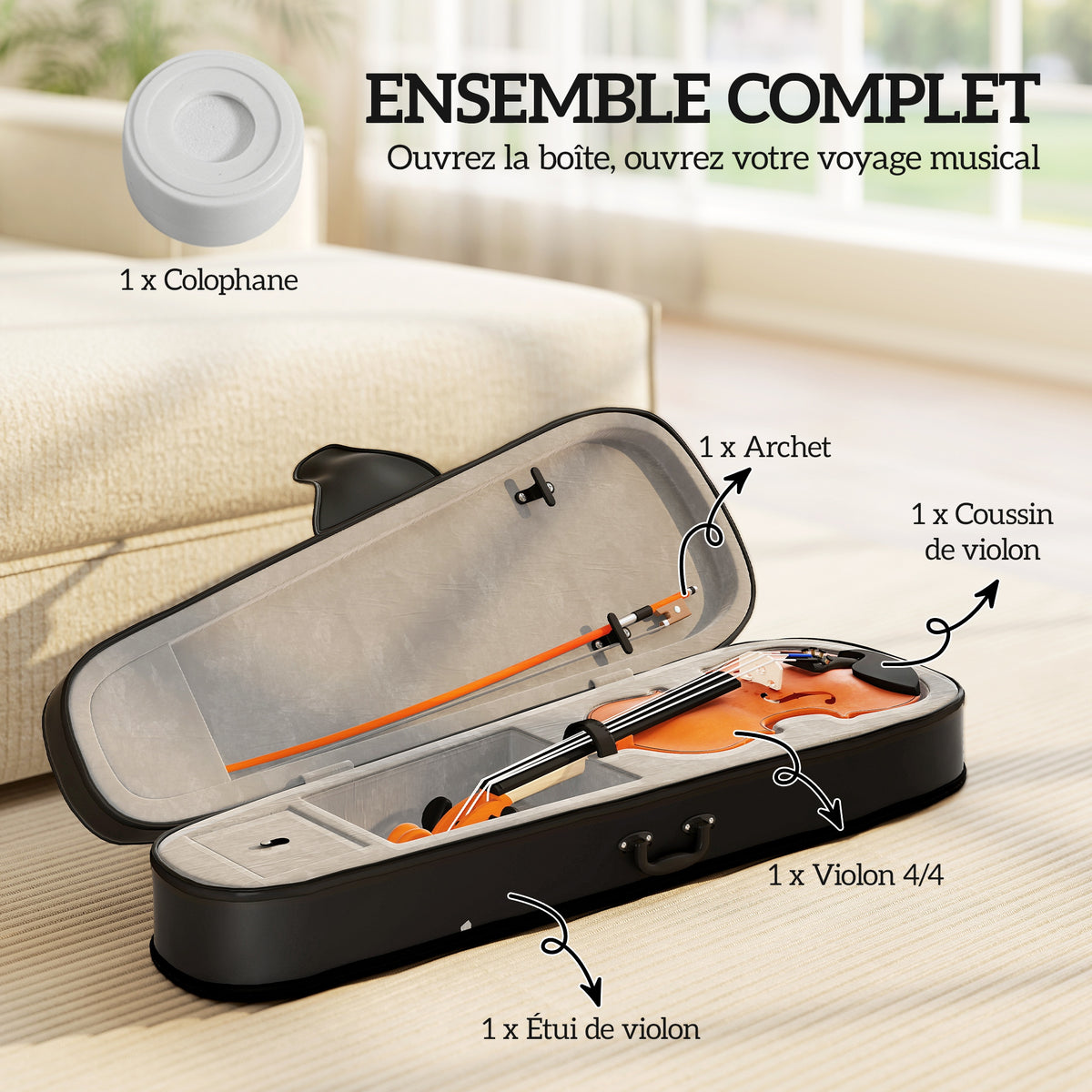 Violon 4/4 ensemble de violon en bois massif pour adultes et débutants avec étui léger et portable 60 x 21 cm marron-3