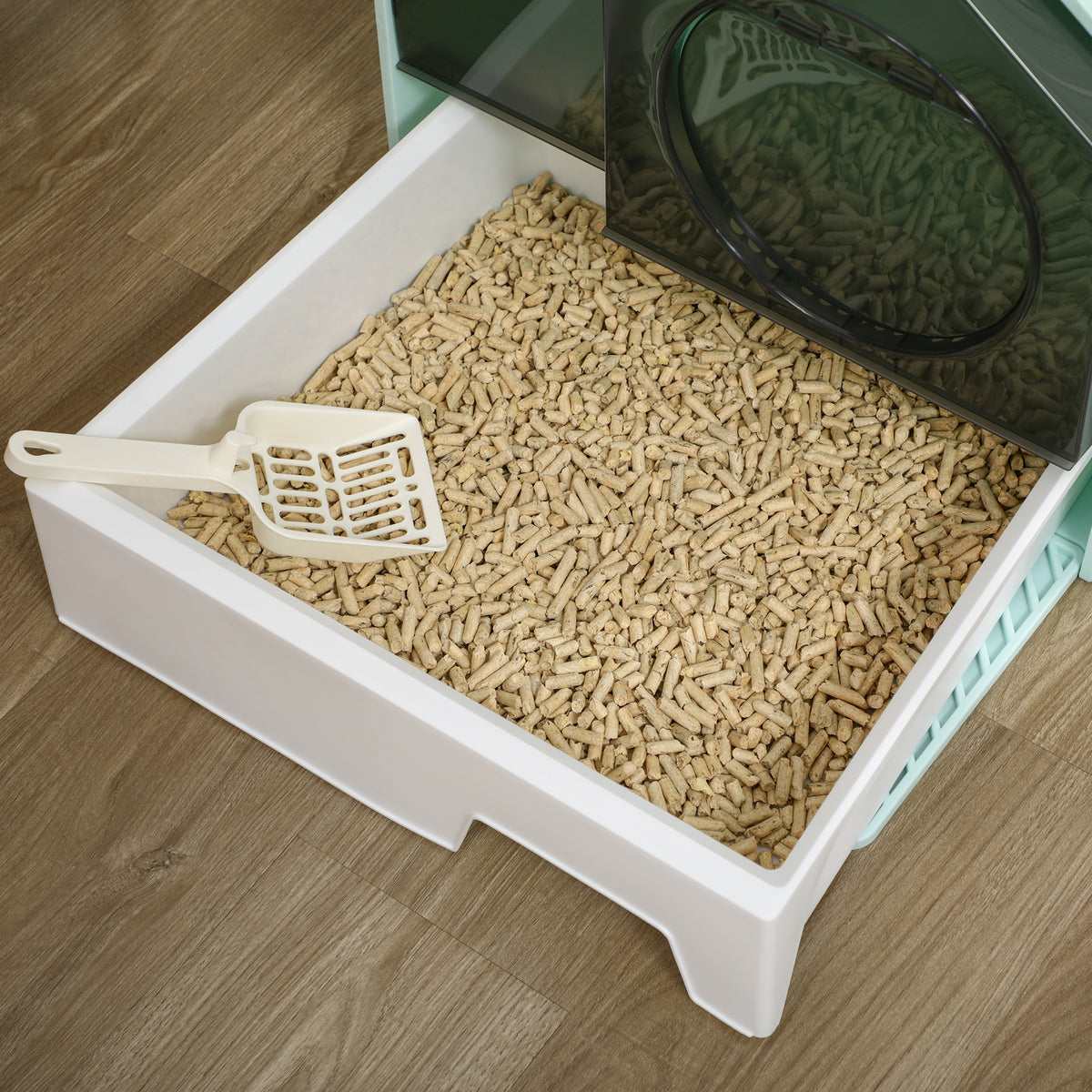 Maison de toilette bac à litière pour chat design maisonnette avec pelle, filtre et tapis dim. 47L x 45l x 42H cm bleu-7