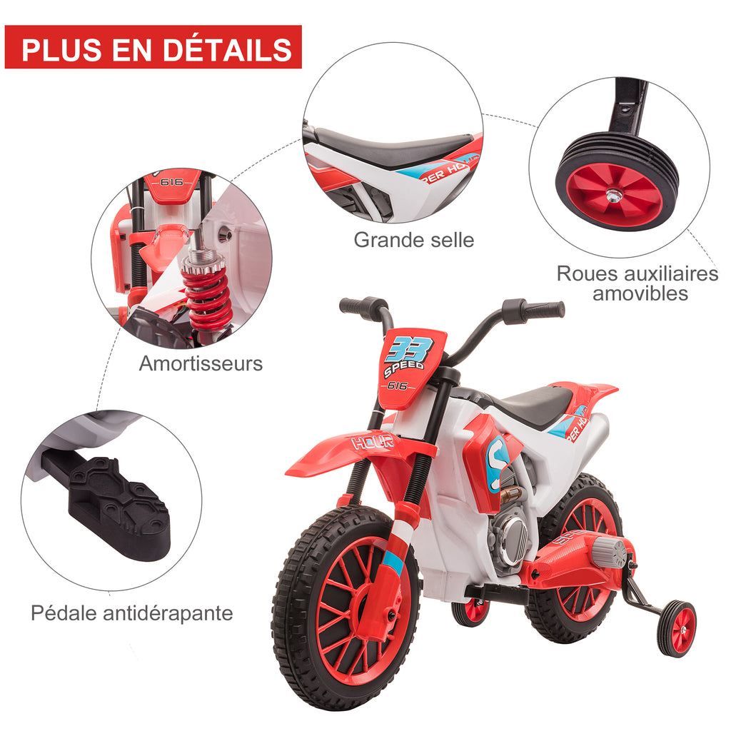 Moto Cross électrique Enfant 3 à 6 Ans 12 V 3-8 Km/h avec roulettes latérales Amovibles 106,5x51,5x68cm Rouge-6