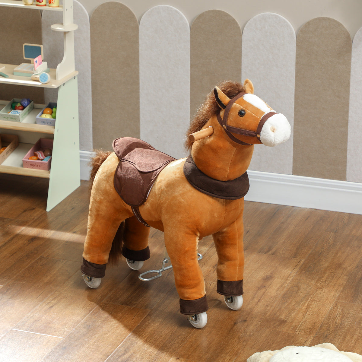 Cheval à Monter pour Enfant, Cheval à Roulettes en Peluche, Poignée, 75 cm de Haut, pour 3 à 5 Ans, Marron-8