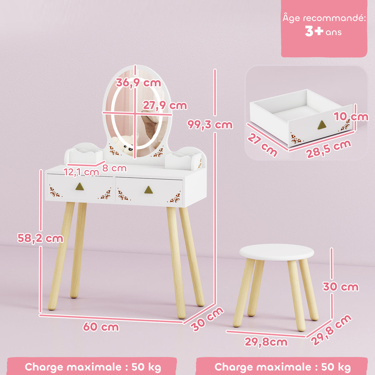 Coiffeuse pour enfant 2 en 1 bureau enfant fille avec miroir à LED 3 couleurs et tabouret 60x30x99,3 cm blanc-2