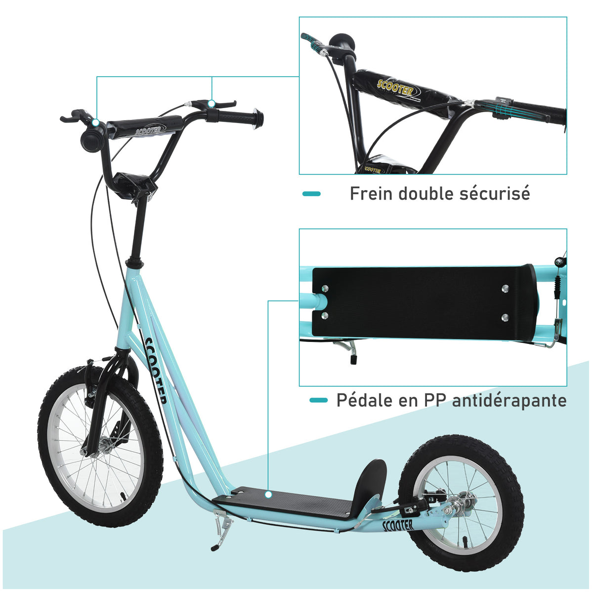 Trottinette patinette Grandes Roues pneumatiques Ø 40 et 30 cm Hauteur Guidon réglable Frein AV/AR béquille Acier Bleu Ciel Noir-5