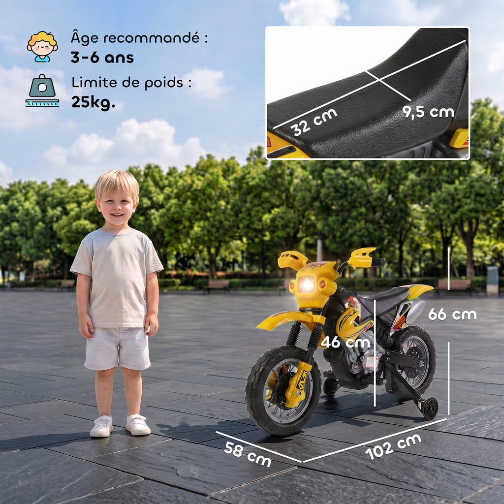 Moto électrique enfants, moto cross pour enfants avec batterie 6 V, phares, musiques et roues d'entraînement, 3 à 6 ans, charge 25KG, jaune et noir-2