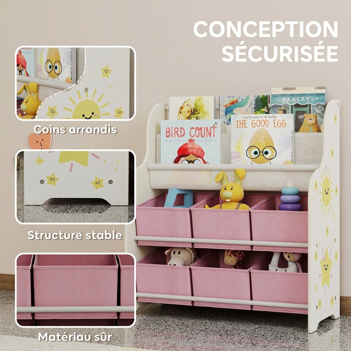 Meuble Rangement Enfant, Rangement Jouet Enfant, 6 Tiroirs en Tissu et Étagère à Deux Niveaux, 63x30x71cm, Rose-4