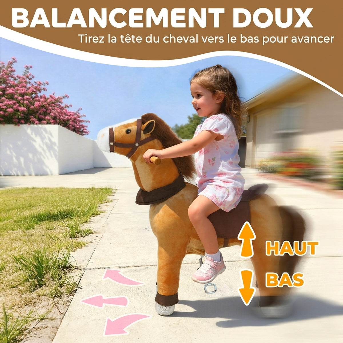 Cheval à Monter pour Enfant, Cheval à Roulettes en Peluche, Poignée, 75 cm de Haut, pour 3 à 5 Ans, Marron-4