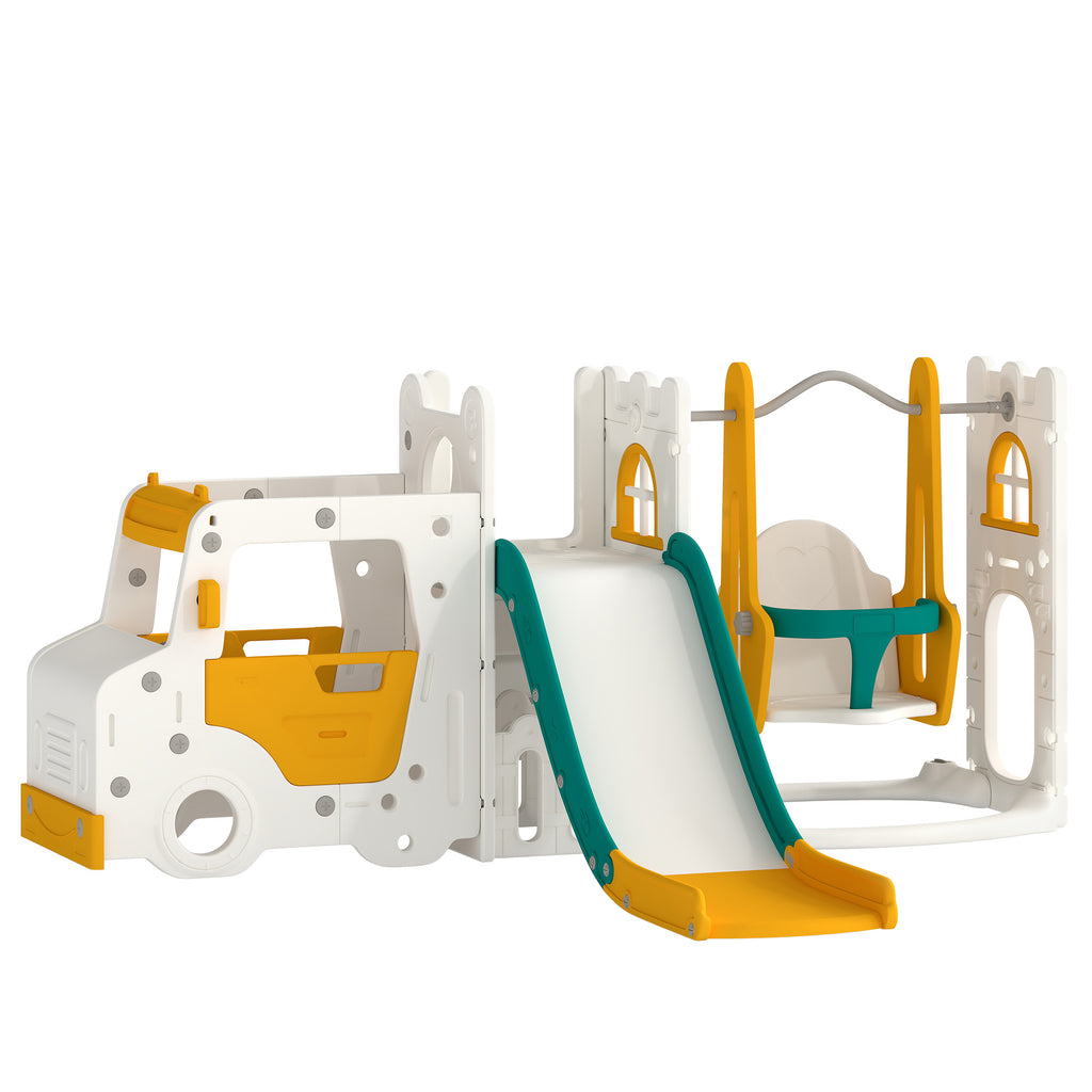 Ensemble Toboggan et Balançoire 7 en 1 pour Enfants, Aire de Jeux Intérieure, Thème Voiture, pour 1-4 Ans, Blanc-0