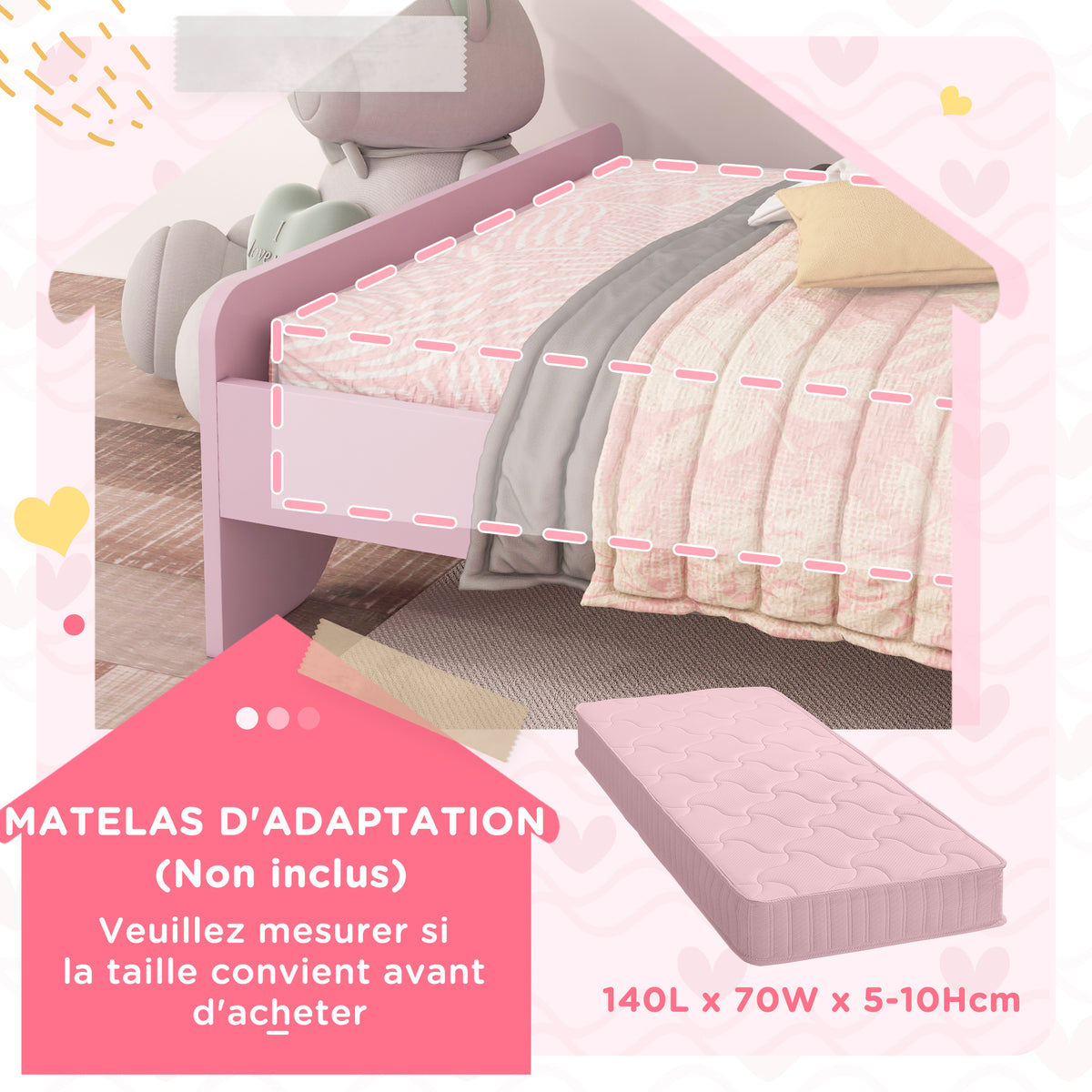 Lit pour enfants de 3 à 6 ans 143 x 74 x 55 cm design nuage sommier à lattes inclus chambre moderne rose-6