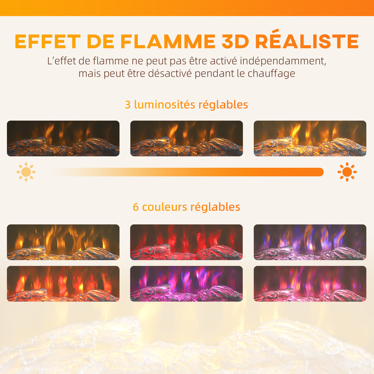 Cheminée électrique 1000W/2000W, fausse cheminée effet flamme 3D à 6 couleurs et 3 luminosités, 68,5x27,5x63cm, marron-3