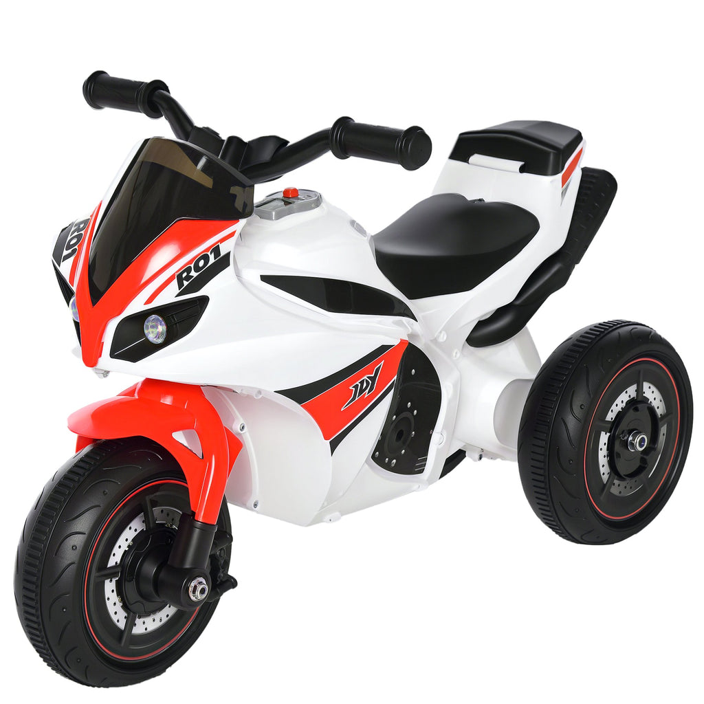 Porteur Enfants Moto de Course Effets musicaux et Lumineux Coffre Rangement Rouge Blanc-0