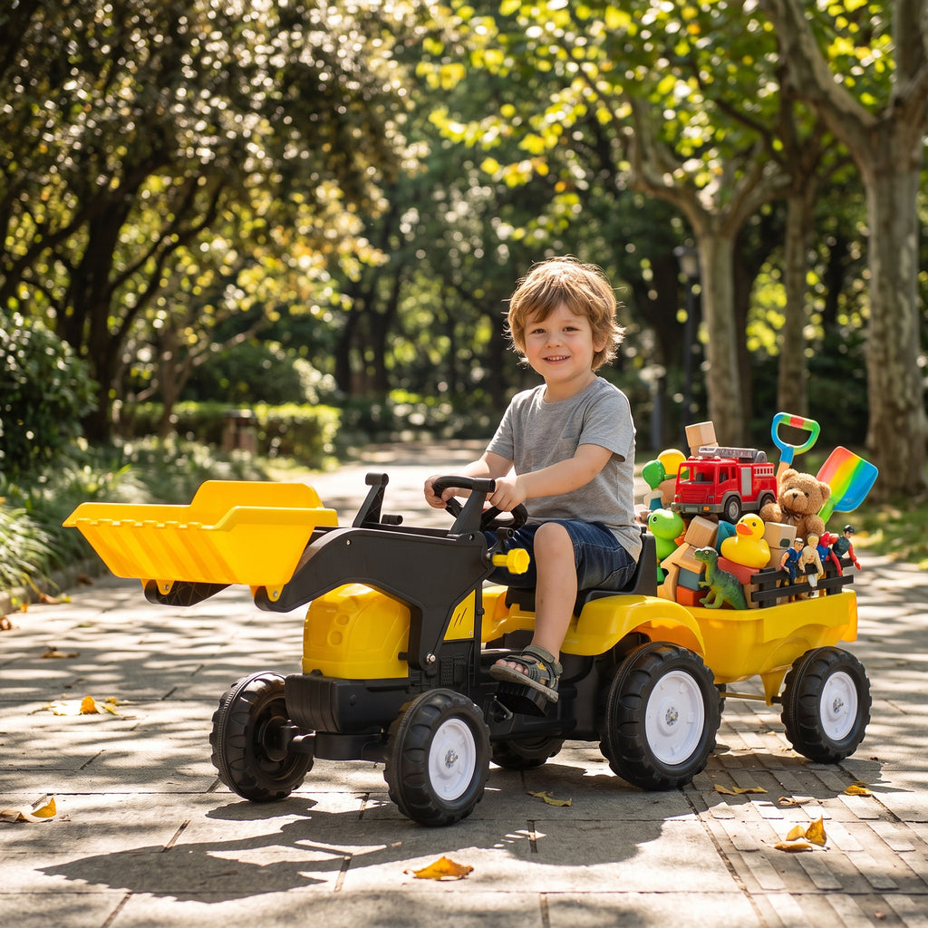 Tracteur à pédales tractopelle avec remorque Pelle et râteau Jeu de Plein air Enfants à partir de 3 Ans Jaune Noir-1