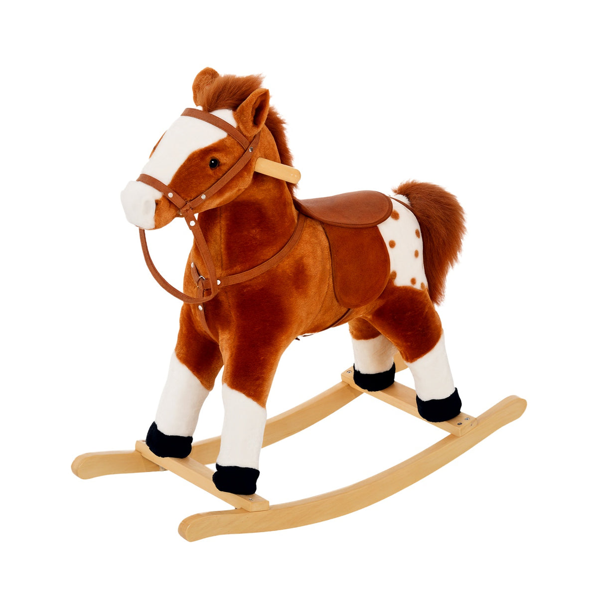 Cheval à Bascule en Bois et Peluche pour Enfant Cheval de Cowboy peluche Pour Enfants de 3-6 Ans Jouet balançoire avec Effet sonore Selle rênes Marron Blanc-0