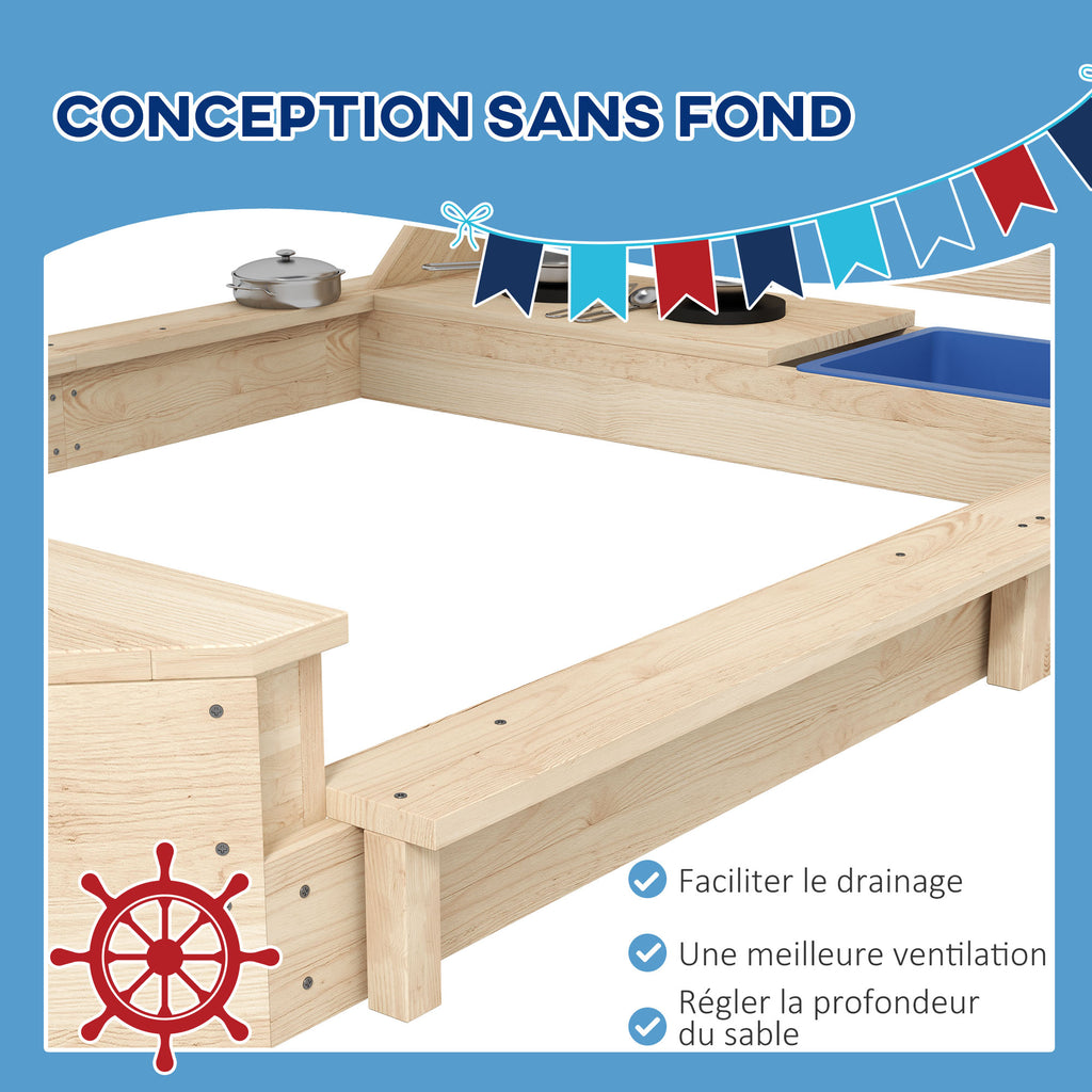 Bac à sable en bois avec jeu de cuisine 6 accessoires coffre rangement gouvernail drapeau 180 x 103 x 144,5 cm naturel-4