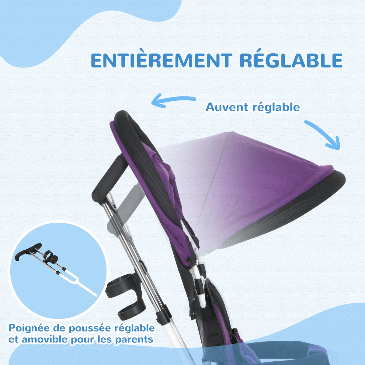 Tricycle enfant évolutif pare-soleil pliable canne télescopique amovible 95 x 50 x 106 cm acier violet blanc-4