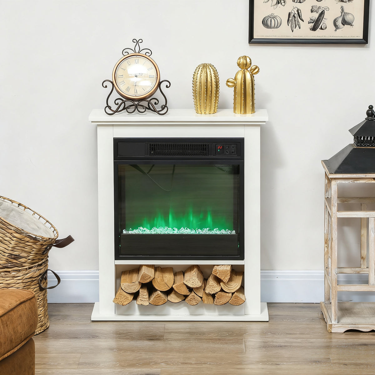 Cheminée électrique 1800W, fausse cheminée décorative, effet flamme à 9 couleurs et 5 luminosité, 62,5x20x72,5cm, blanc-8