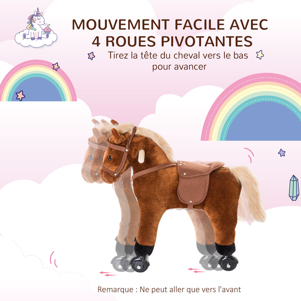 Jouet cheval pour enfant de +24 mois avec 4 roulettes, effet sonore, repose-pieds et guidon, 55x23x60 cm Marron-3