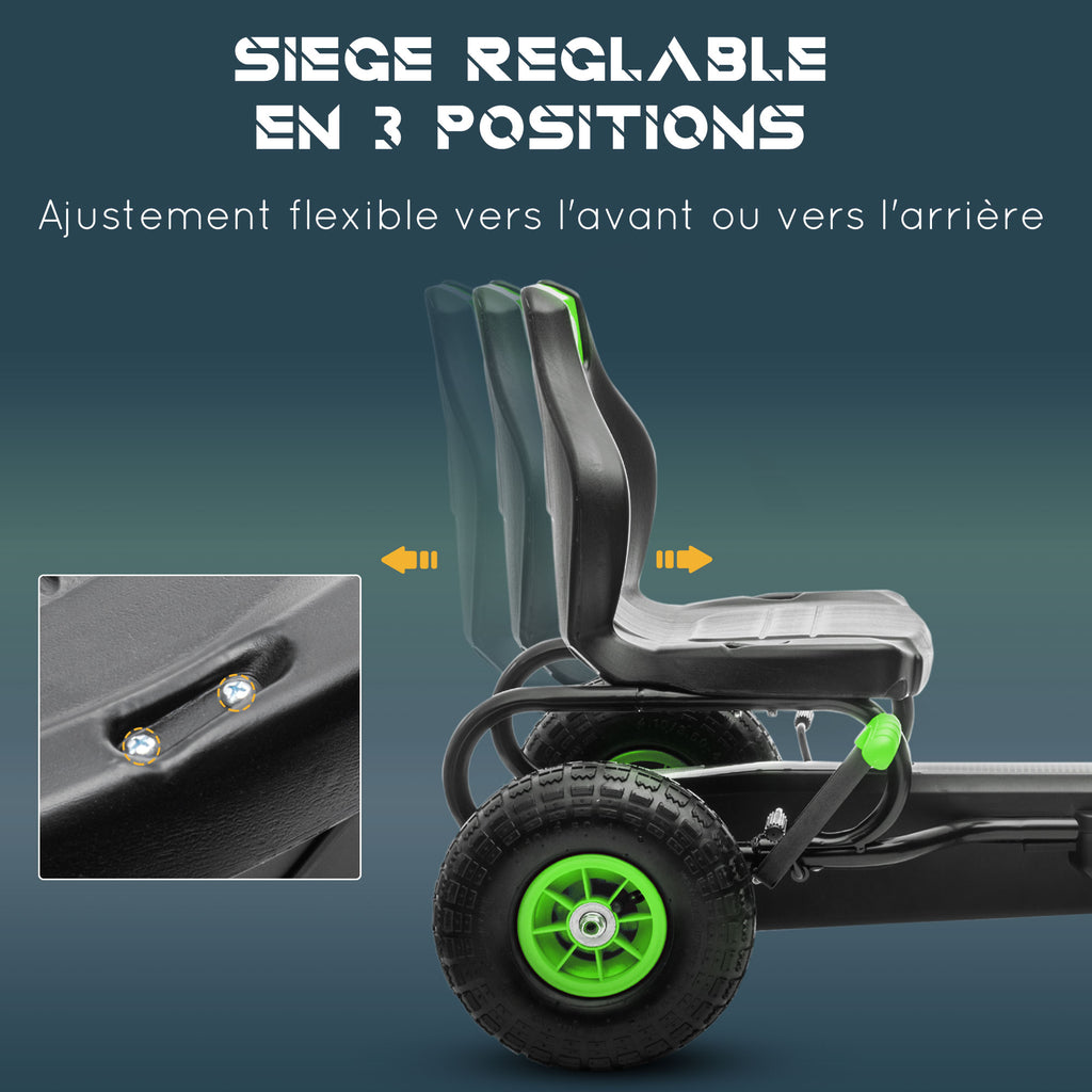 Kart à pédales pour enfant siège réglable 3 positions frein à main enfant de 5 à 12 ans vert noir-3